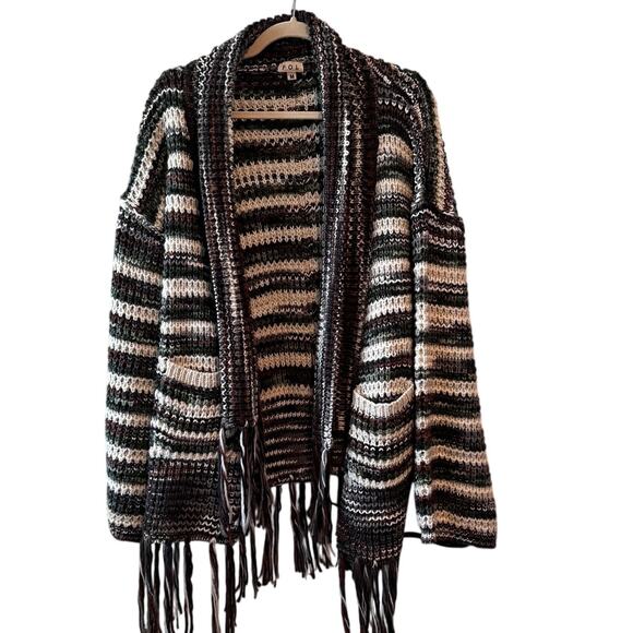 POL Striped Oversized Chunky Boho Knit Fringe Tassel Cardigan Women's Size M - Picture 5 of 12